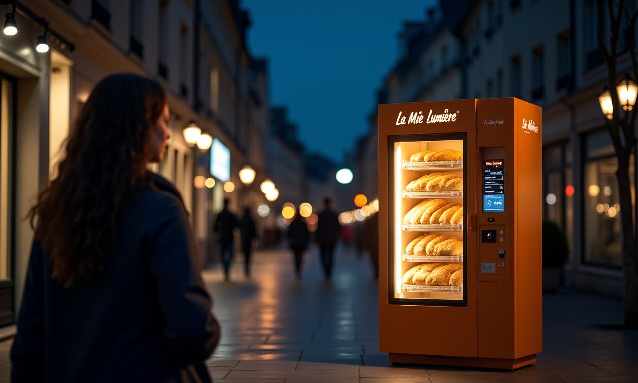Client achetant une baguette chaude à un distributeur La Mie Lumière la nuit